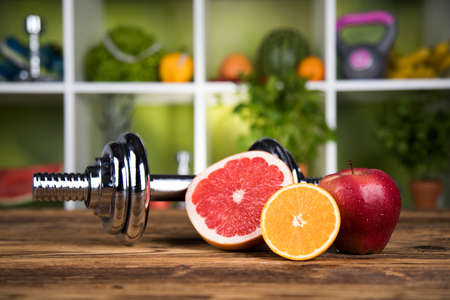 Vitamin and Fitness diet, dumbbellの写真素材