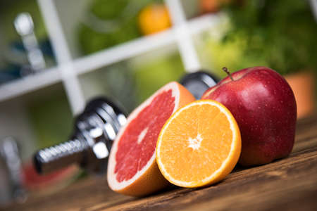 Vitamin and Fitness diet, dumbbellの写真素材