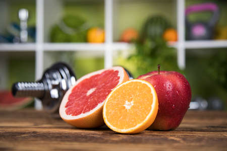 Vitamin and Fitness diet, dumbbellの写真素材