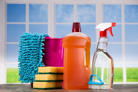 House cleaning product and window background