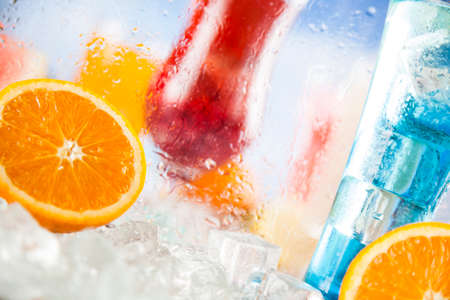 Summer drink with blur beach on backgroundの写真素材