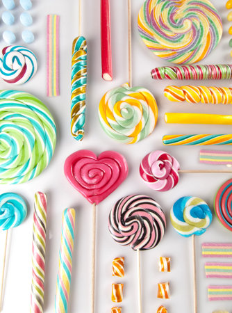 Colorful lollipops and different colored round candy and gum ballsの写真素材