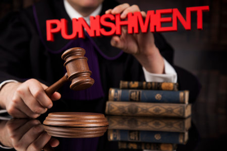 Judge, male judge in a courtroom striking the gavelの写真素材