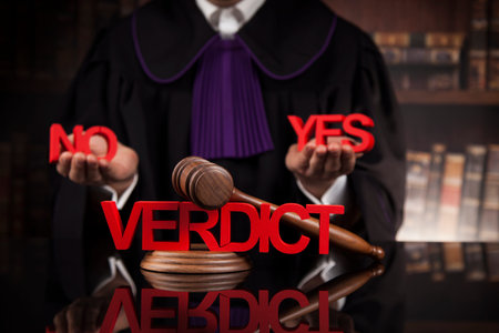 Verdict, Justice and law concept. Male judge in a courtroom