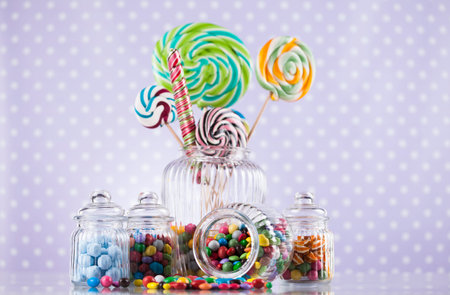 Lollipops and sweet candies of various colorsの写真素材