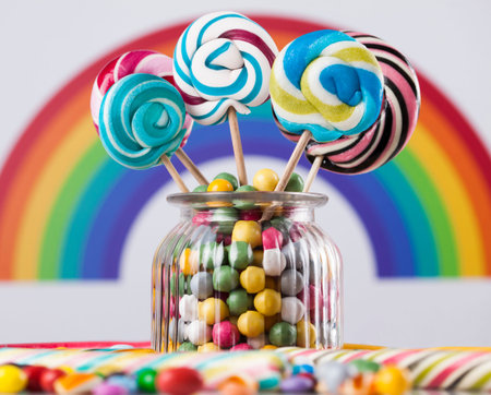 Colorful lollipops and different colored round candy and gum ballsの写真素材