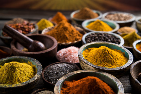 Wooden table of colorful spices