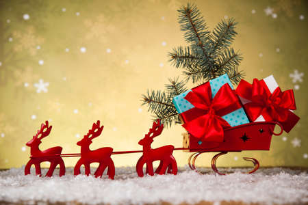 Christmas, Santa sleigh on gift box backgroundの写真素材