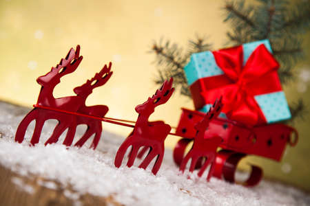 Christmas, Santa sleigh on gift box backgroundの写真素材