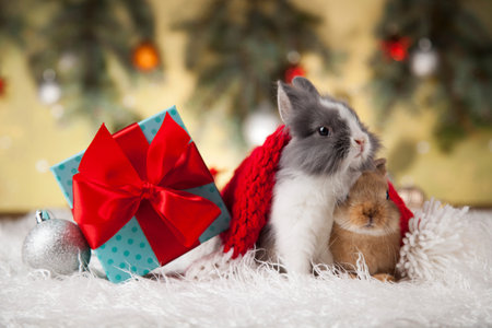 Animal, Rabbit, bunny on Christmas backgroundの写真素材