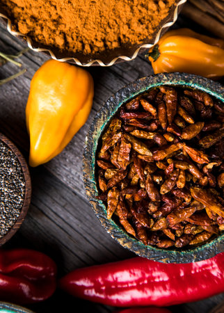 Spices over wooden backgroundの写真素材