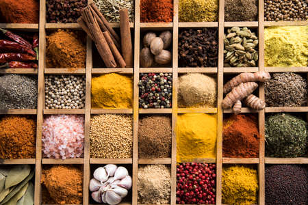 Spices in wooden box, Cooking ingredientの写真素材