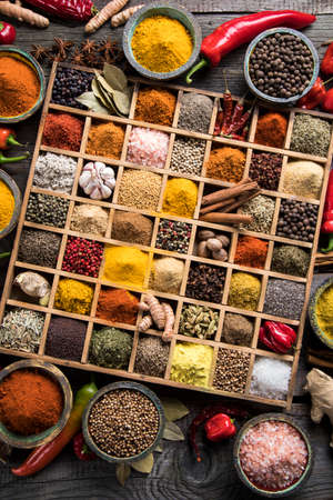 Close-up of different types of Assorted Spices in a wooden boxの写真素材