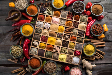 Spices in wooden box, Cooking ingredientの写真素材