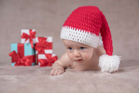 Baby in christmas hatの写真素材