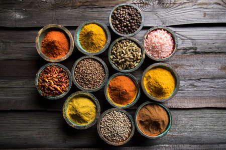 Wooden table of colorful spicesの写真素材