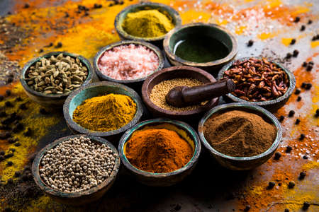 Spices over wooden backgroundの写真素材