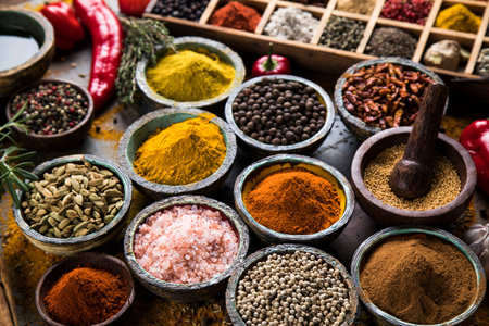 Wooden box with spices and herbs