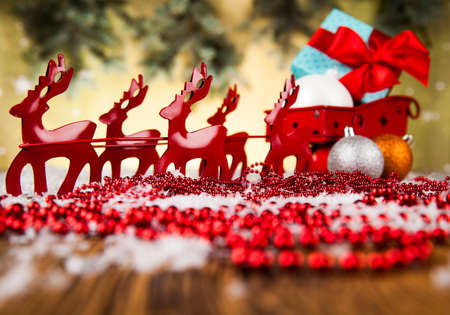 Christmas, Santa sleigh on gift box backgroundの写真素材