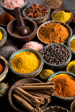 Spices over wooden backgroundの写真素材