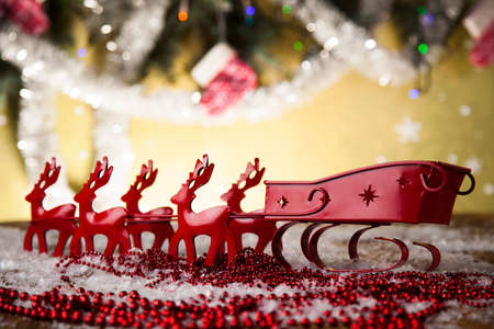 Christmas, Santa sleigh on gift box backgroundの写真素材