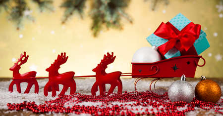 Christmas, Santa sleigh on gift box backgroundの写真素材