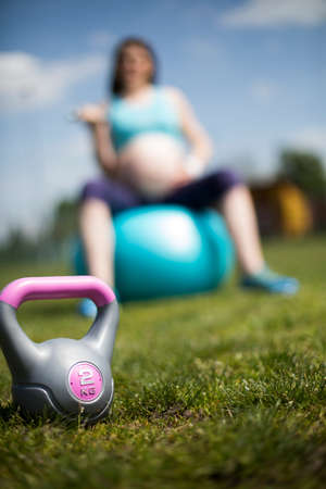 Fitball in the gym, Pregnant womanの写真素材