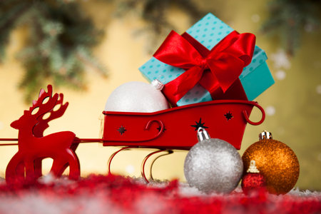 Christmas, Santa sleigh on gift box backgroundの写真素材