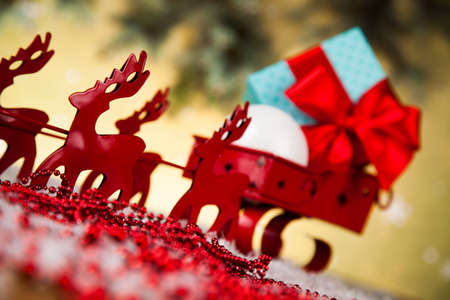 Christmas, Santa sleigh on gift box backgroundの写真素材