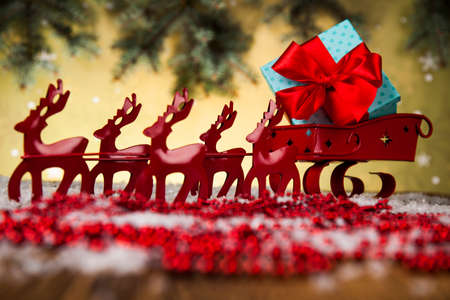 Christmas, Santa sleigh on gift box backgroundの写真素材