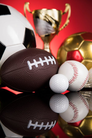 Winning trophy championship award, sport stadium backgroundの写真素材