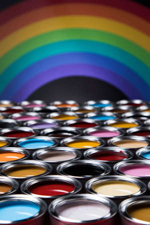 Full Buckets of rainbow colored oil paintの写真素材