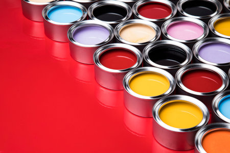 Creativity concept group of tin metal cans with color paintの写真素材