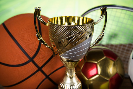 Cups of winners award, Sport equipment and ballsの写真素材