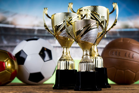 Cups of winners award, Sport equipment and ballsの写真素材