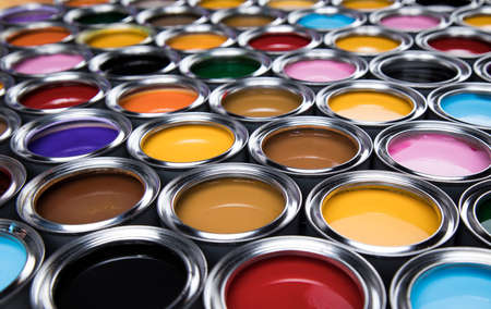 Creativity concept group of tin metal cans with color paintの写真素材