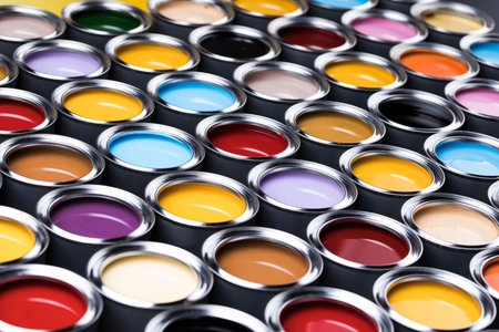 Full Buckets of rainbow colored oil paintの写真素材