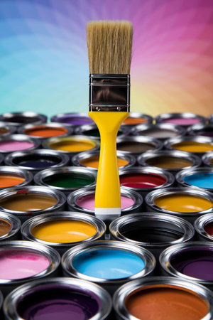 Tin metal cans with color paint and paintbrushの写真素材