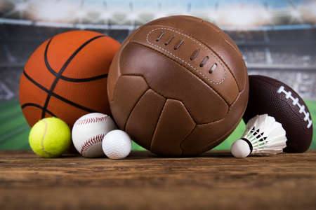 Sport equipment and balls, stadium backgroundの写真素材