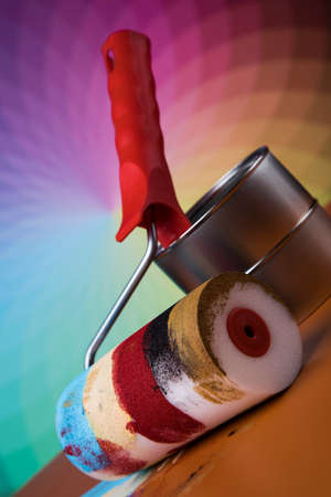 Paint roller, Tin metal cans with colorの写真素材