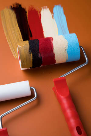 Paint roller, Tin metal cans with colorの写真素材