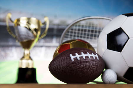 Achievement trophy, winning sport backgroundの写真素材