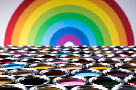 Rainbow, tin metal cans with color paintの写真素材