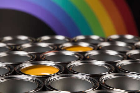 Rainbow colors, Open cans of paintの写真素材