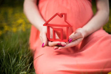 Home, pregnant woman in the meadowの写真素材