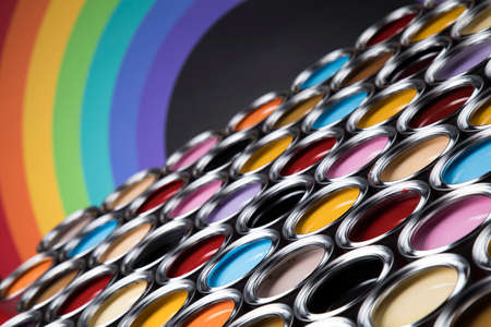 Rainbow colors, Open cans of paintの写真素材