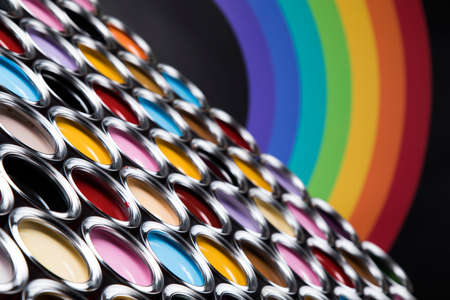 Rainbow colors, Open cans of paintの写真素材