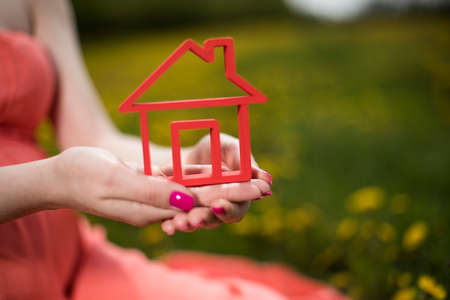 Home, pregnant woman in the meadowの写真素材