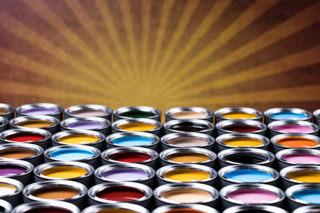 Group of tin metal cans with color paint