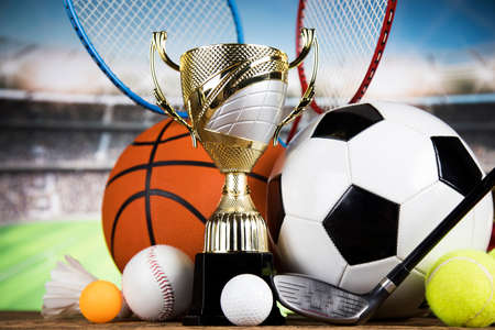 Cups of winners award, Sport equipment and ballsの写真素材